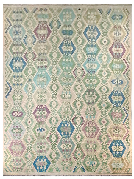 24023 - Kelim Hand-Woven/Flat-Weaved Afghan Kelim/Carpet Modren/Nomadic Authentic/Size: 13'1"x 9'9"