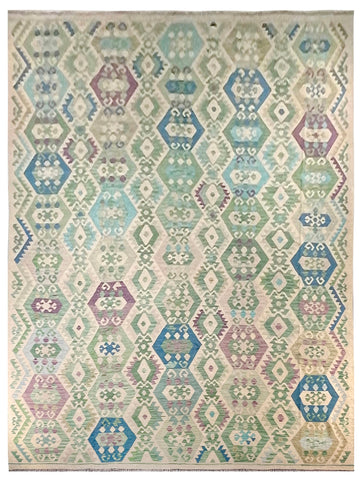 24023 - Kelim Hand-Woven/Flat-Weaved Afghan Kelim/Carpet Modren/Nomadic Authentic/Size: 13'1"x 9'9"