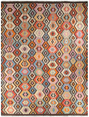 24015 - Kelim Hand-Woven/Flat-Weaved Afghan Kelim/Carpet Modren/Nomadic Authentic/Size: 11'1" x 8'7"